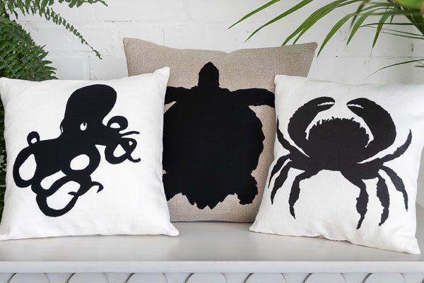 close up of octopus, turtle and crap silhouette pillows